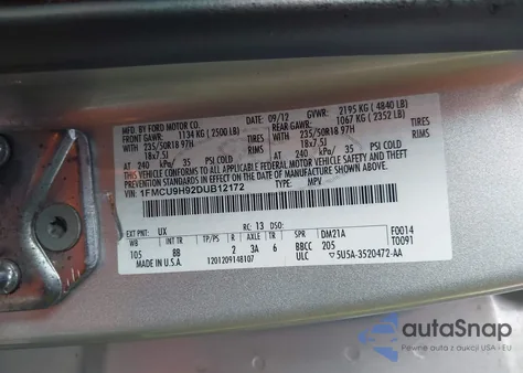 2013 Ford Escape Sel from USA, damaged, VIN 1FMCU9H92DUB12172